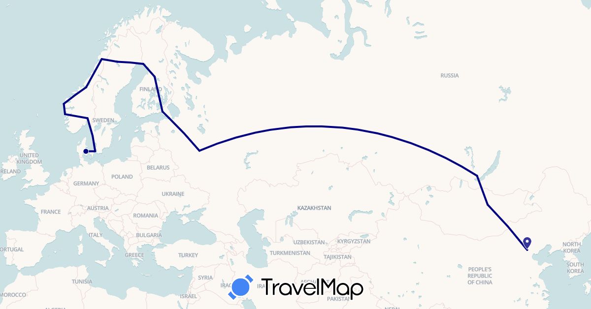 TravelMap itinerary: driving in China, Denmark, Finland, Mongolia, Norway, Russia, Sweden (Asia, Europe)